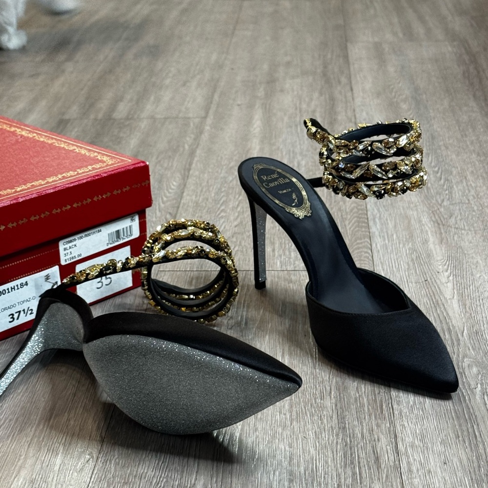 Rene Caovilla Black and Silver Heels with Gold Accents